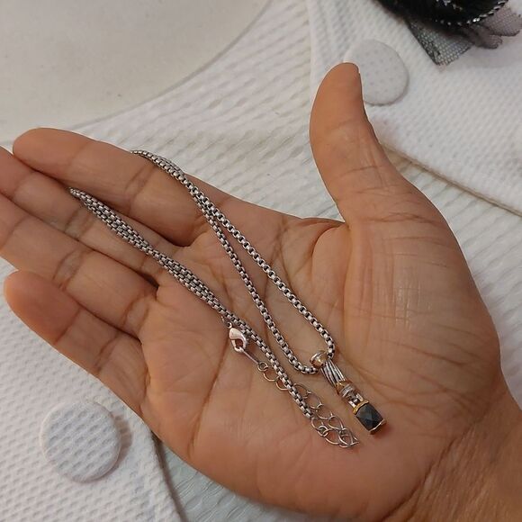 Two Tone Gold Silver Earrings and Necklace Set with Black Faux Tone Accent - Picture 5 of 6